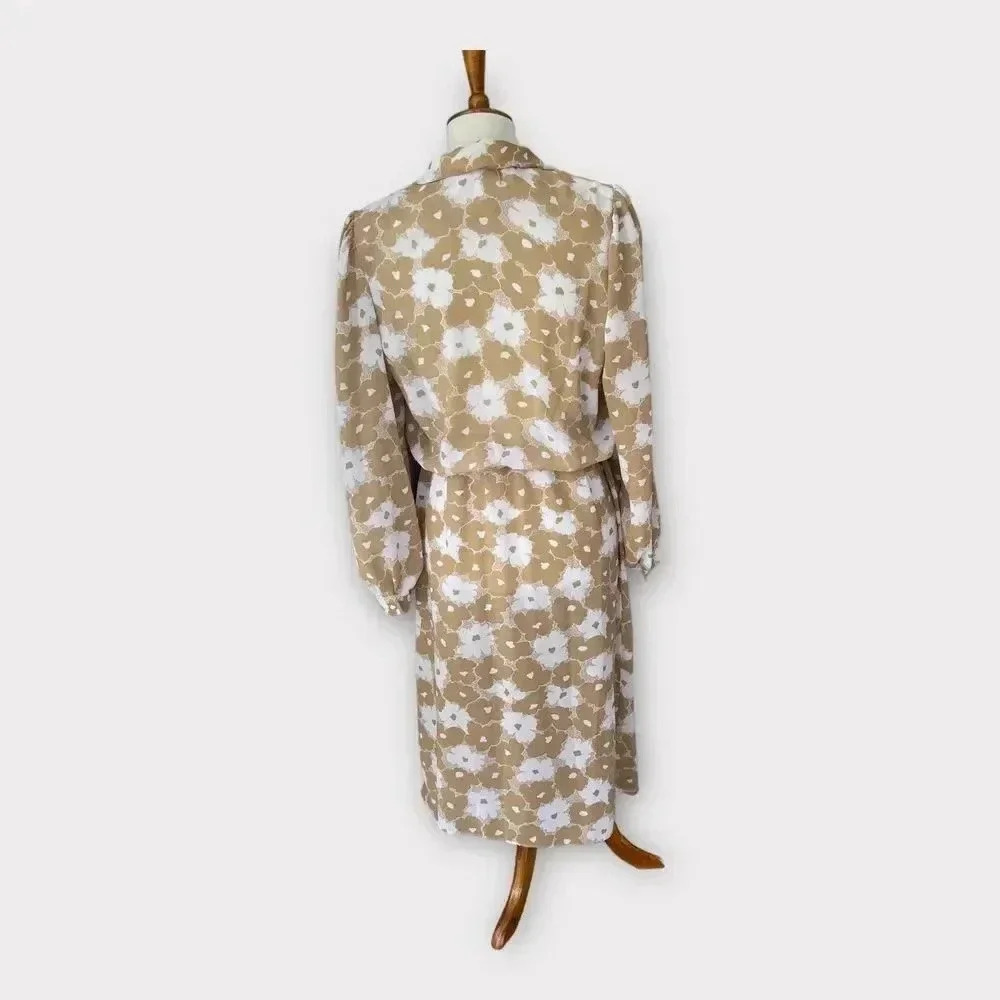 VTG Maree Womens Floral Tan Secretary Dress Sz 12 Structured Retro 80s Twee - Picture 2 of 13
